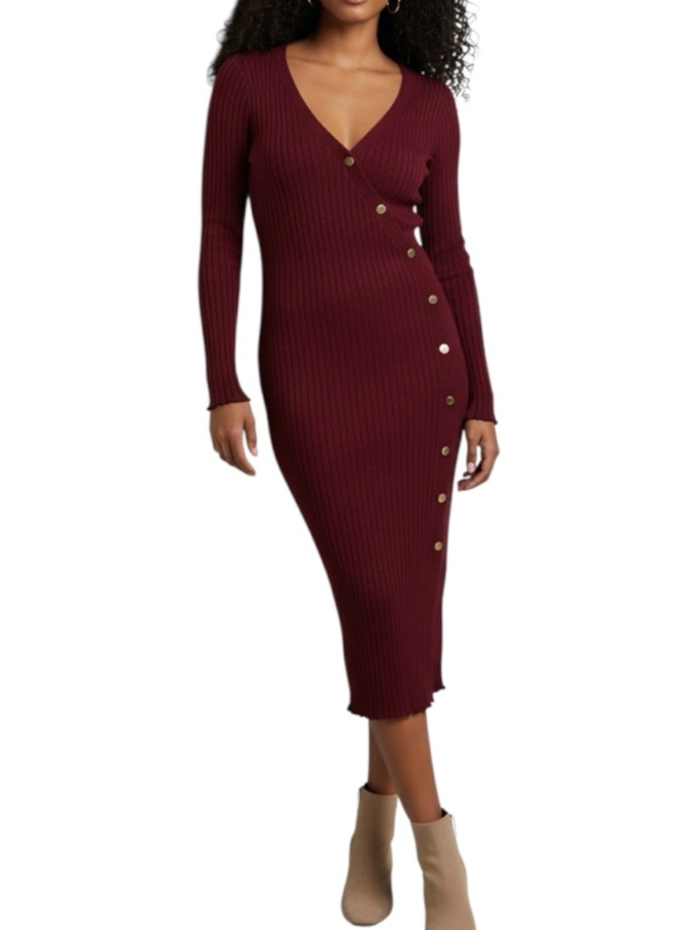 Jolie & Joy by FCT With Love Ribbed Knit Midi Dress Burgundy L - Picture 1 of 6